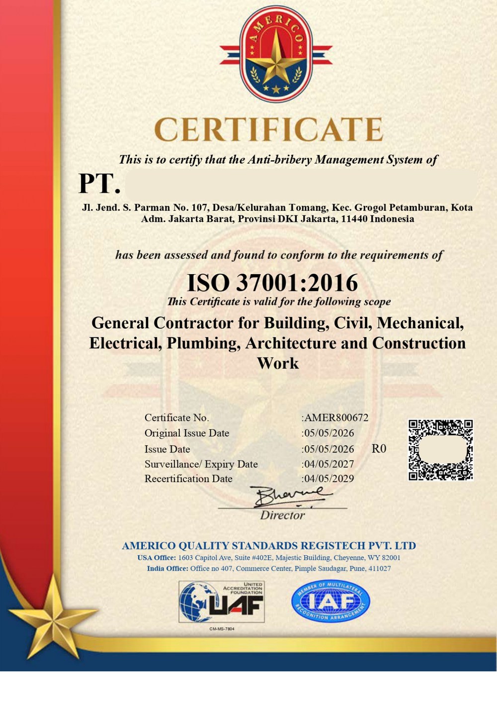 Contoh Sertifikat ISO 37001:2016 Anti Penyuapan