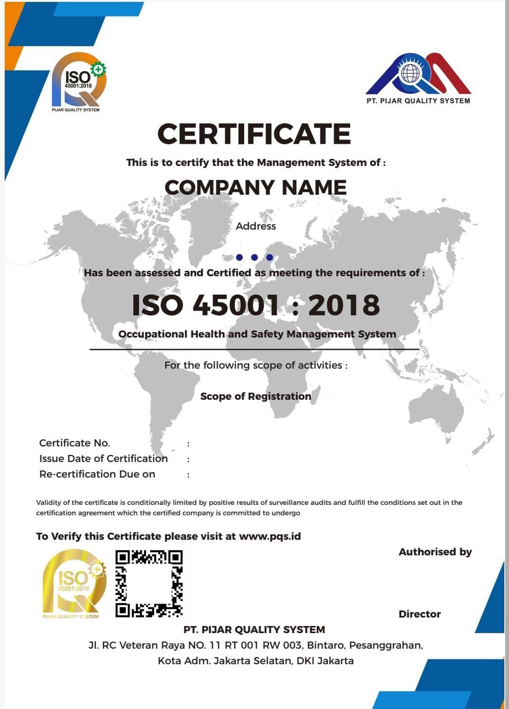 Contoh Sertifikat ISO 45001:2018
